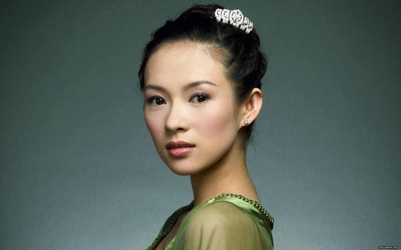 colored background, adult, black hair, contemplation, beautiful woman, hairstyle, one person, looking at camera, portrait, zhang ziyi, traditional clothing