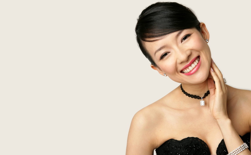 looking at camera, actress, neckline, portrait, cute, happiness, studio shot, white background, women, hair, 1080P, ziyi, s, beijing, china, hairstyle