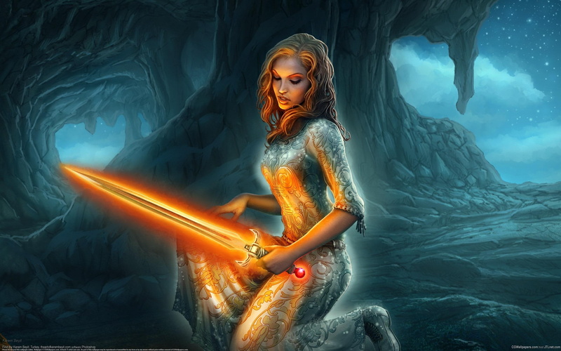 Lightsaber, print, Orange, 2K, woman, Girl, glowing, art, Fantasy, sword, holding