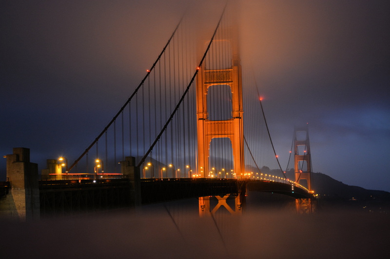 architecture, skyscraper, connection, brown, night, city, suspension bridge, san francisco, cloud - sky, nighttime, suspension, engineering, cloud, mountain