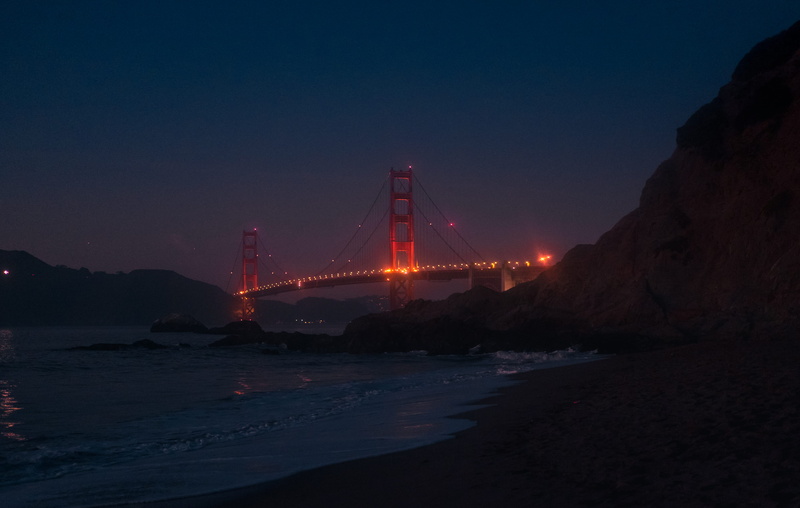 blue, bridge - man made structure, golden gate bridge, sea, illuminated, architecture, transportation, golden, suspension bridge, 4K, gradient, red, baker