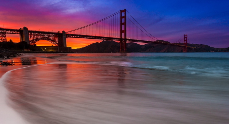 Sunset, Sky, Blue, Golden Gate, Bridge, 1080P, Orange, Bridges, Man Made, Ocean