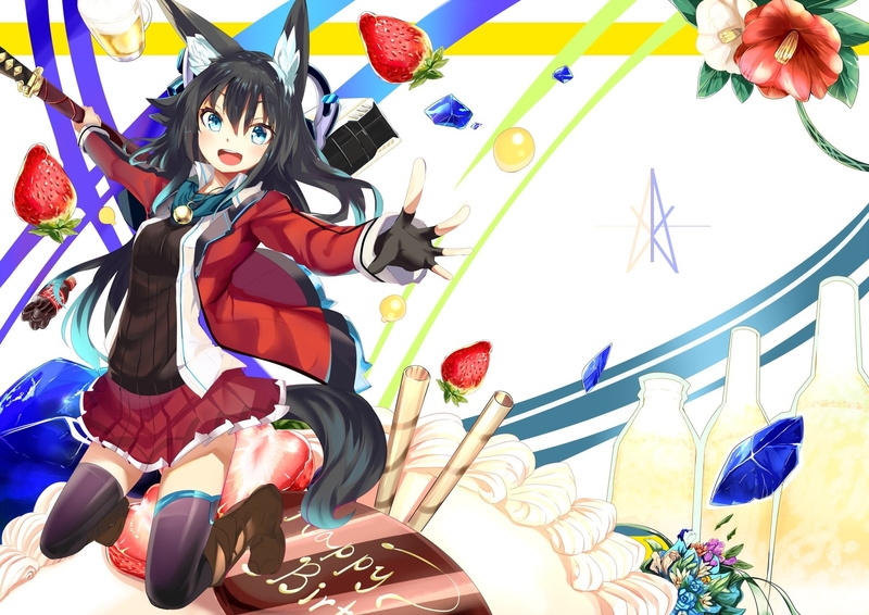 animal, kitsune, ears, 1080P, sword, haik, thighhighs, anime, tail, headphones