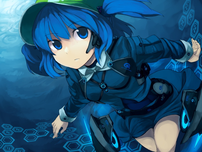 kawashiro, blue, kitsune, nitori, 720P, eyes, touhou, underwater, artist, hair