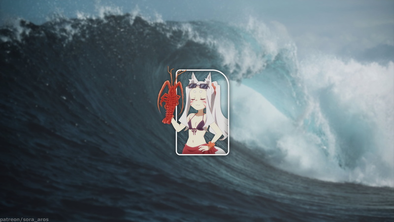 waves, anime girls, neko ears, picture-in-picture, lobster, Sewayaki Kitsune no Senko-san, lobsters, 4K, Shiro Kitsune
