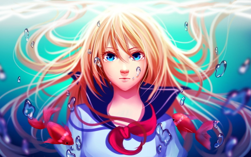 Girl, Water, Anime, Blonde, 1080P, Bubbles, Fish, Hair