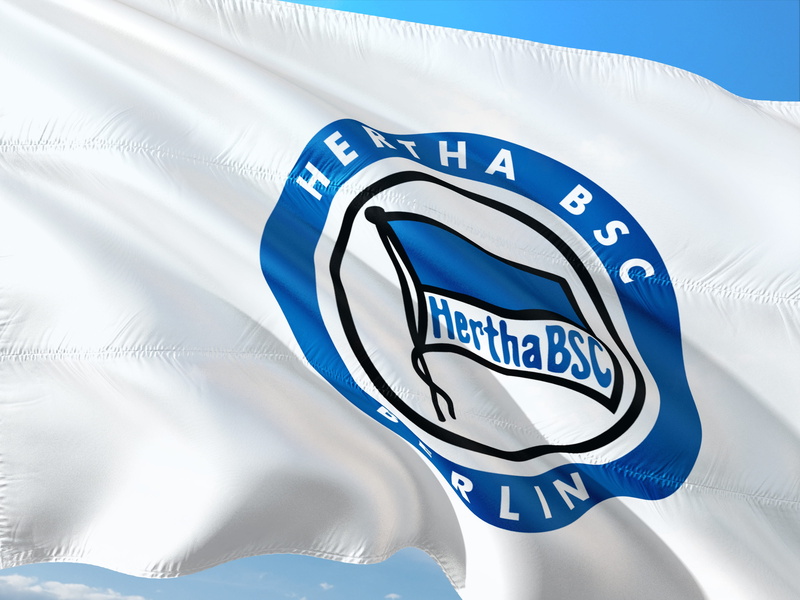 flag, sign, 4K, logo, metal, text, day, transportation, white color, hertha bsc, silver colored, outdoors, environment, bundesliga, road sign, nature