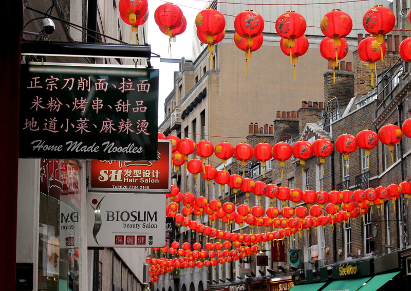 lantern, script, day, hanging, paper lantern, chinese, building, china town, outdoors, lighting equipment, red, residential district, city, bunting, england