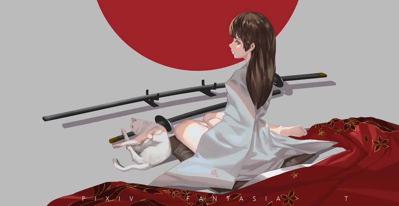 original characters, Japanese clothes, anime girls, 4K, katana, cat