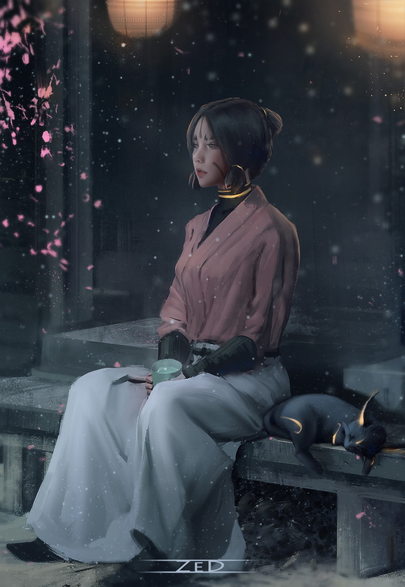 ArtStation, cats, drawing, 2K, Japanese, artwork, black cats, Japanese clothes, digital art, Japanese women, portrait display, looking into the distance