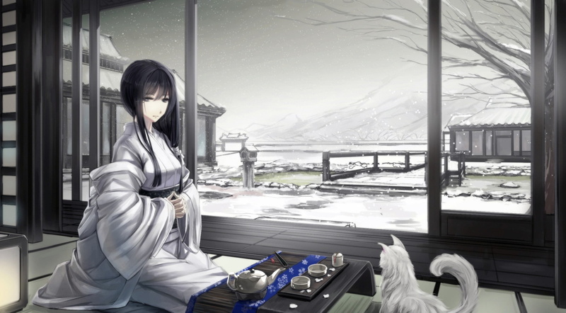 winter, Japanese, Black Hair, cat, Traditional Clothing, Japanese Clothes, Original Characters, Asian Architecture, Anime Girls, snow, 1080P, kimono