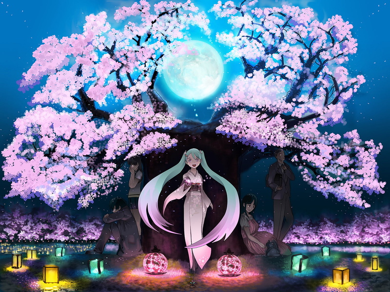 clothes, japanese, animal, petals, hatsune, cherry, blossoms, miku, moon, 720P, kanipanda, kimono, vocaloid, cat