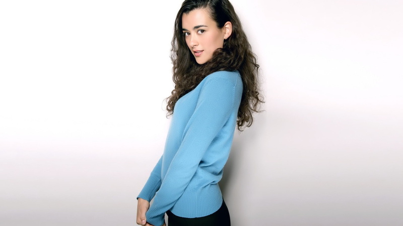 curly hair, looking at viewer, brunette, USA, women, simple background, Cote de Pablo, 1080P, long hair, standing, brown eyes