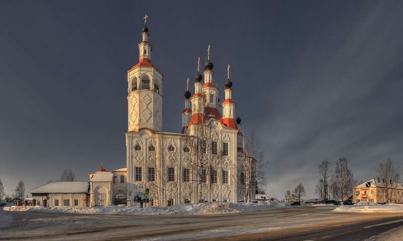 Russia, 1080P, The Church of Entry into Jerusalem, Totma, winter, road, Vologda oblast