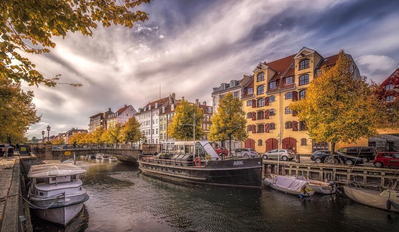home, bikes, 2K, bridge, river, boats, autumn, Copenhagen, clouds, trees, machine, channel, Denmark, the sky