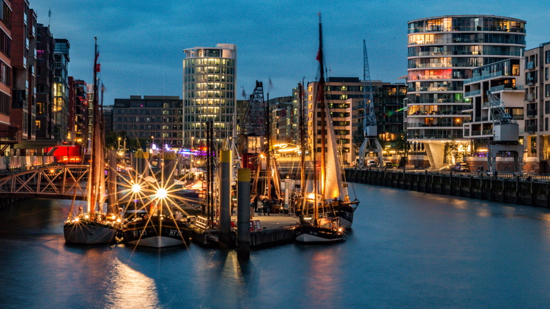 germany, dusk, illuminated, light, nautical vessel, speicherstadt, building exterior, sky, skyscraper, office building exterior, water, outdoors, channel