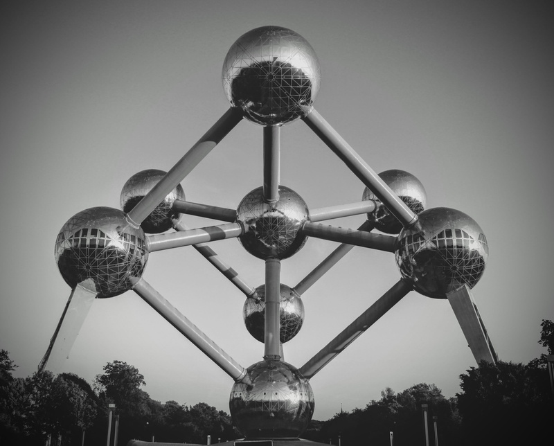 brussels, lighting equipment, atomium, ball, monument, building, sky, design, belgium, metal, 2K, no people, built structure, low angle view, pattern