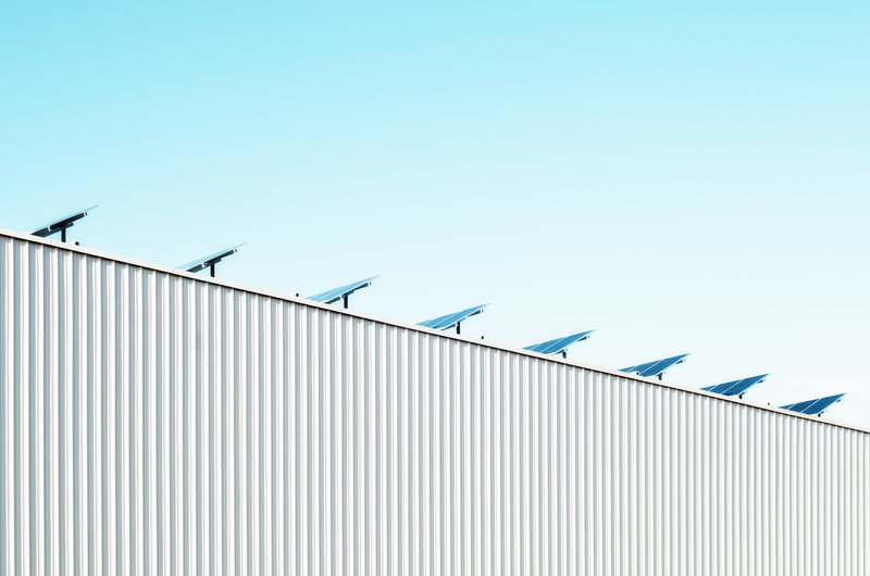 power, solar panels, steel structure, sunlight, low angle view, office, airplane, architecture, solar, corrogated steel wall, industry, clear sky, travel