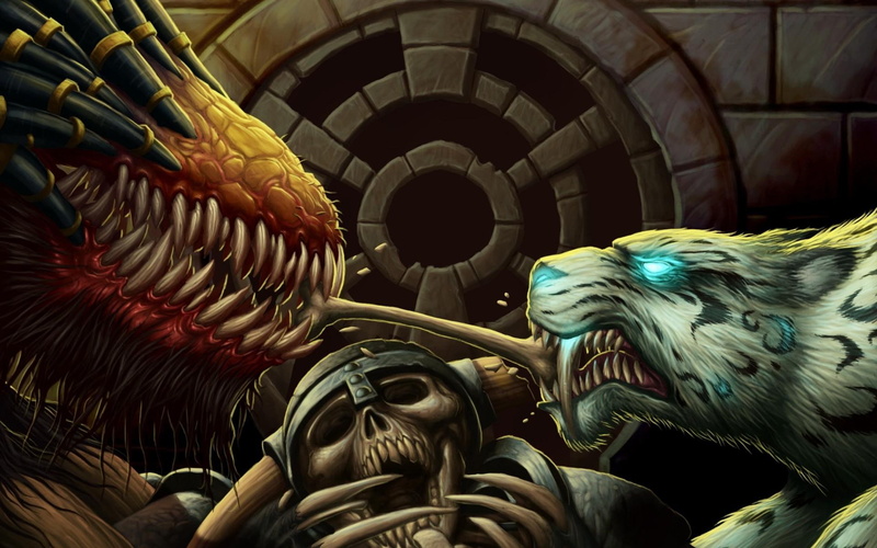 monster, skeleton, dragon, yellow, orange, blue, eyes, green, death, tiger, 1080P, fantasy, battle, game, skull