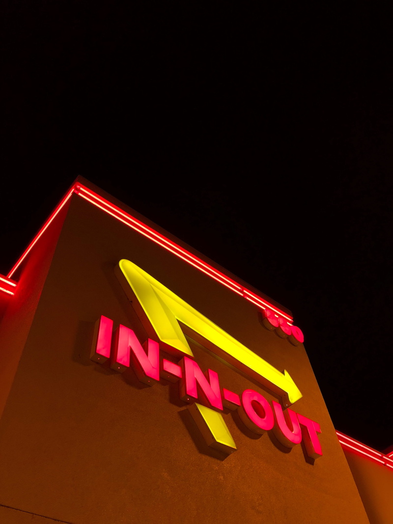 low angle view, in-n-out burger, arts culture and entertainment, nightlife, burger, copy space, text, communication, glowing, neon, sign, san jose, fast food