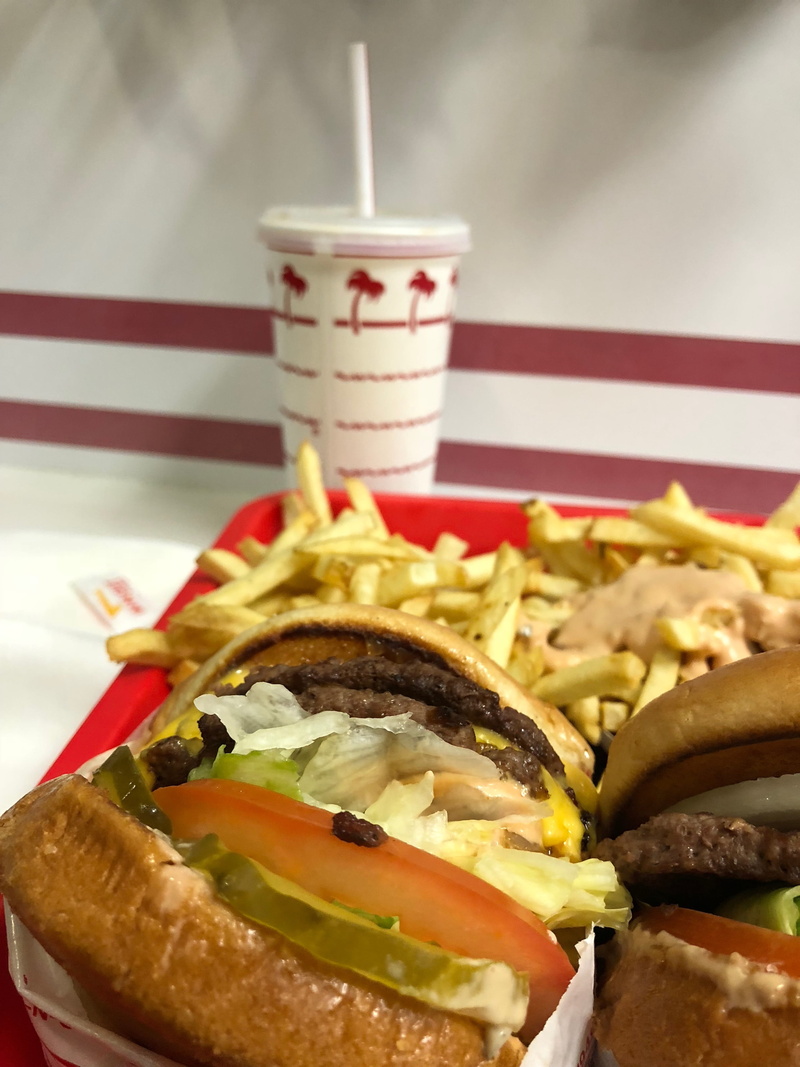 food, meat, still life, fast food, close-up, temptation, soda, bread, prepared potato, burger, in-n-out burger, san jose, 4K, french fries, food and drink