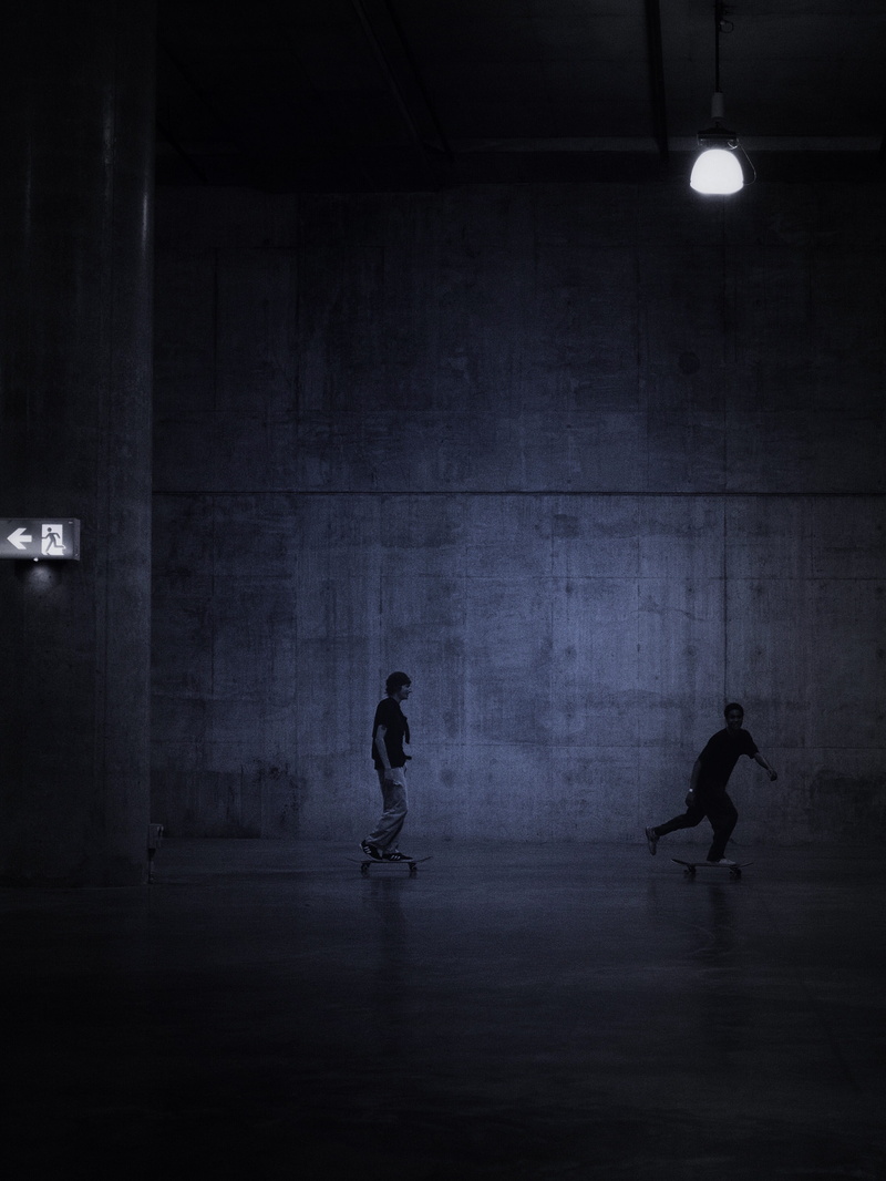 illuminated, neon, two people, women, lifestyles, skater, rebel, person, child, youth, floor, wall, men, built structure, sports, lighting, flooring, 4K