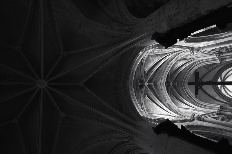 religious, dark, full frame, lyon, low angle view, gothic style, france, grayscale, roof, pattern, night, cross, church, photography, belief, indoors, arched
