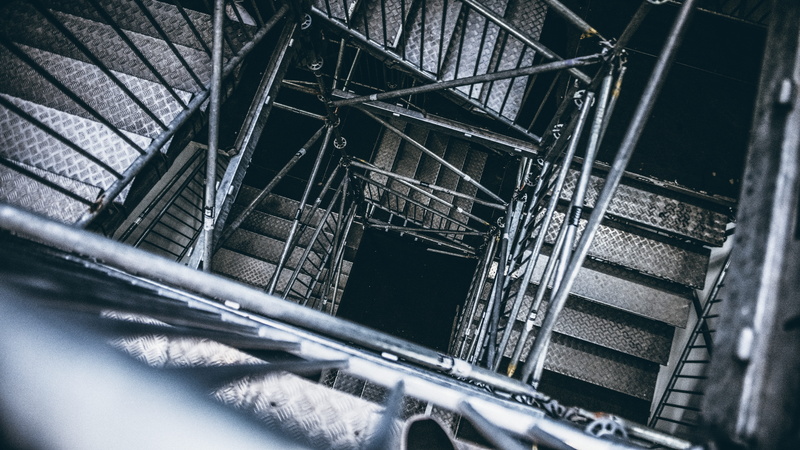 connection, low angle view, tone, built structure, grayscale, cold temperature, eye, metal, cover, stair well, look down, skate, worms, architecture, transportation