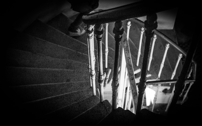 wheel, staircase, architecture, down, railing, indoors, scary, comunism, upstairs, night, city, one person, human body part, high angle view, 4K, bicycle