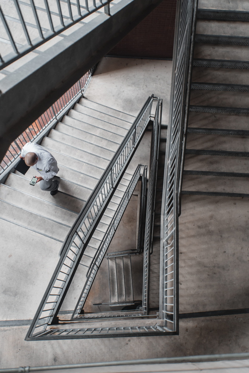 on phone, railing, 4K, built structure, man, silver, staircase, spiral, satx, walking up stair, abstrat, white, chef, day, guy, spiral staircase, one person