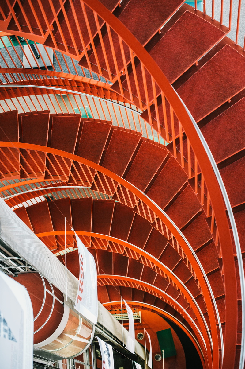 staircase, curve, design, metal, stairway, red, geometry, library, railing, no people, steps and staircases, germany, upstairs, in a row, spiral staircase