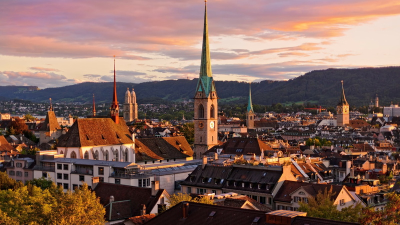 town, sunset, urban area, europe, switzerland, townscape, building exterior, community, architecture, crowded, tower, sky, 1080P, skyline, spire, cityscape