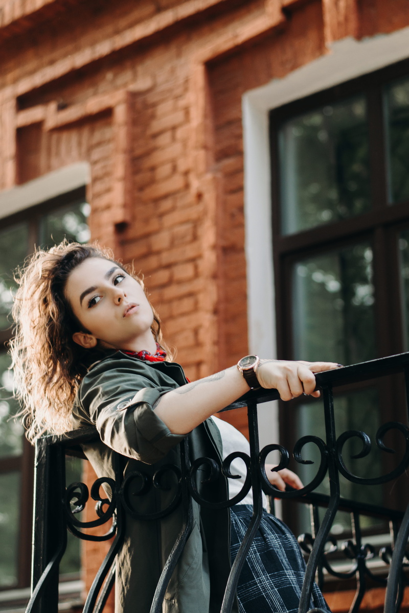 railing, person, young women, banister, beautiful woman, leisure activity, clothing, outdoors, looking at camera, women, young adult, smiling, blossom