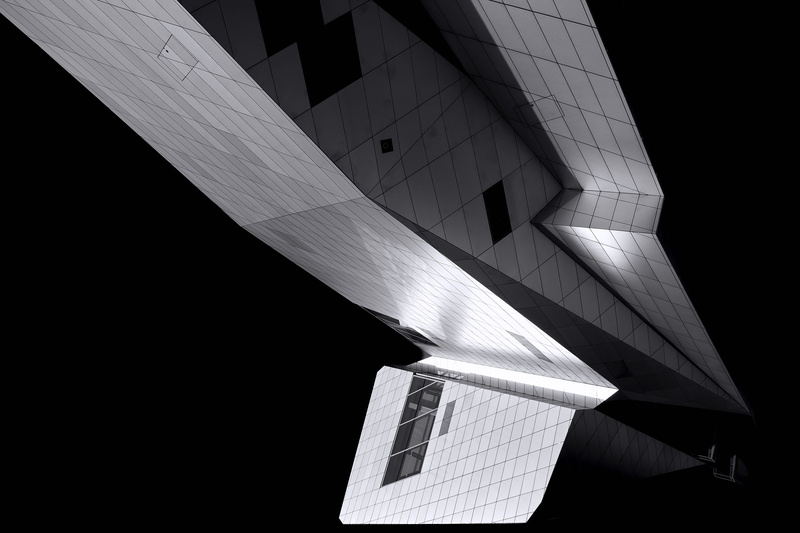 city, geometric, outdoors, building exterior, photo, low angle view, build, town, abstract, no people, design, sun, light, lyon, built structure, musée des confluences