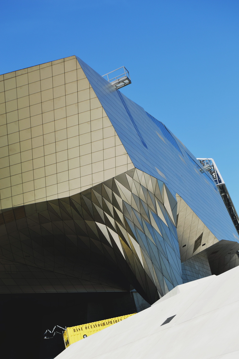 built structure, blue, no people, roof, transportation, 5K, sunlight, museum, building exterior, alternative energy, outdoors, building, france, day, nature