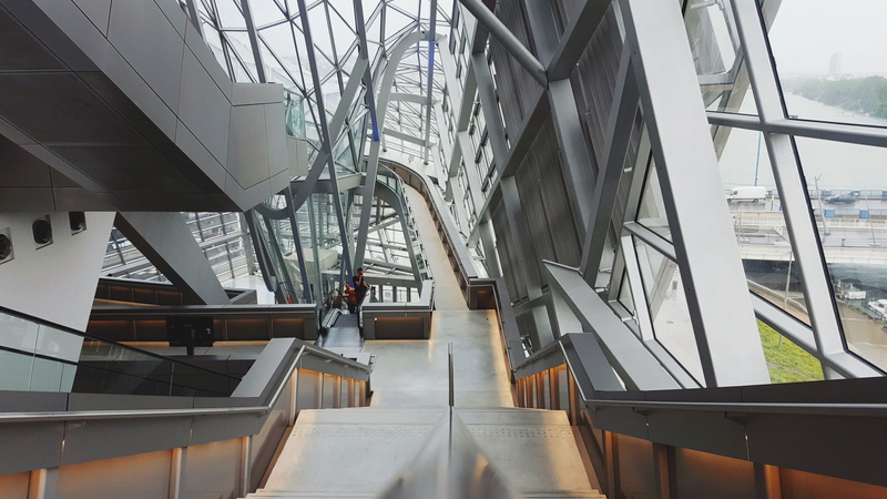 building, office, city, 2K, connection, low angle view, glass - material, railing, indoors, staircase, france, reflection, architecture, modern, day, office building exterior