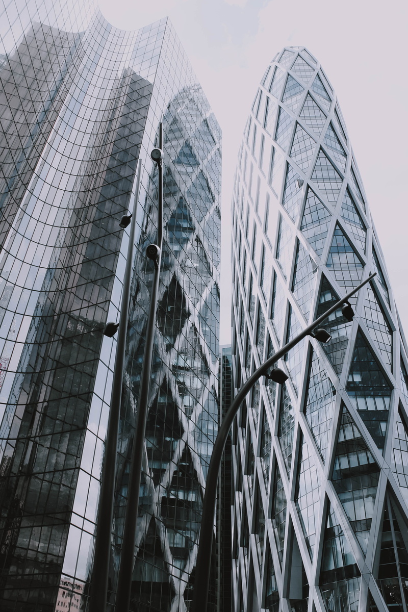 building, day, outdoors, city, building exterior, photography, office building exterior, glass, low angle view, no people, high rise, low, triangle, tower