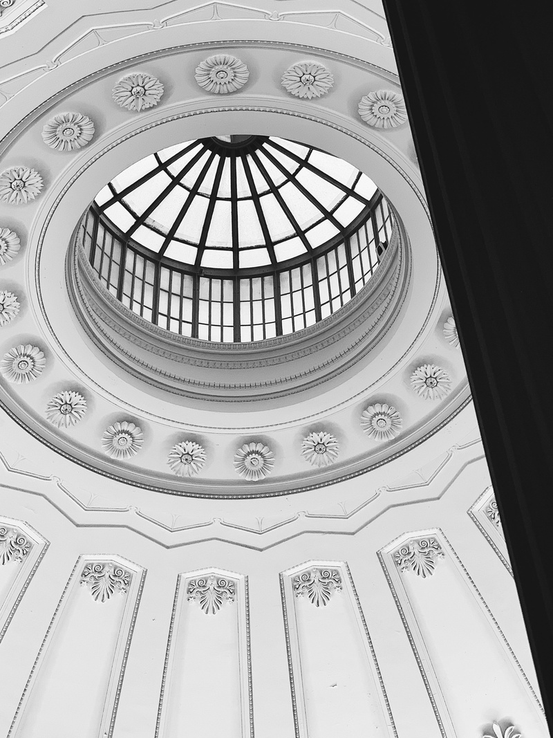 cupola, town, no people, architectural feature, office building, directly below, shape, urban, ceiling, arched, low angle view, building, arch, design