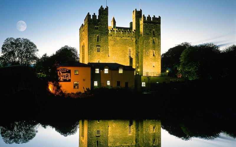 1080P, castle, night, pond, inn, lights, nature and landscapes, moon