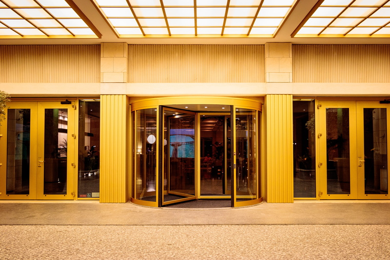 5K, hotel, store, entrance, hotel lobby, glass - material, lighting equipment, yellow, revolving doors, retail, building exterior, window, city, illuminated