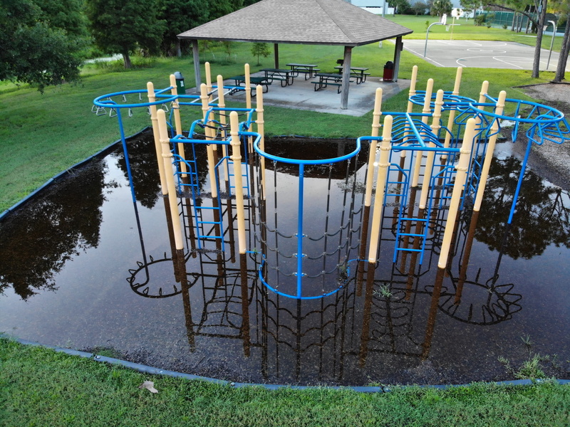 swimming pool, growth, rain, standing water, architecture, railing, bench, high angle view, lake, day, tranquility, indoor play area, 4K, park, field