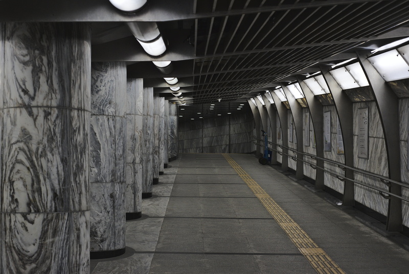 seoul, rail transportation, terminal, underground walkway, hardhat, crypt, pavement, clothing, ceiling, track, fluorescent light, flooring, grey, empty