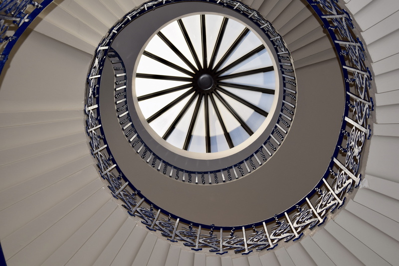 building, window, architectural design, sunlight, staircase, pattern, white, spiral, skyscraper, low angle view, design, steel, geometric shape, step, stair