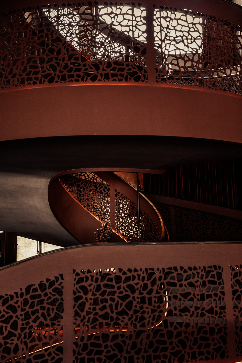 high angle view, structure, 5K, design, lighting, steps and staircases, architecture, stairs, planetarium, railing, ornaments, triangle, opera house, day