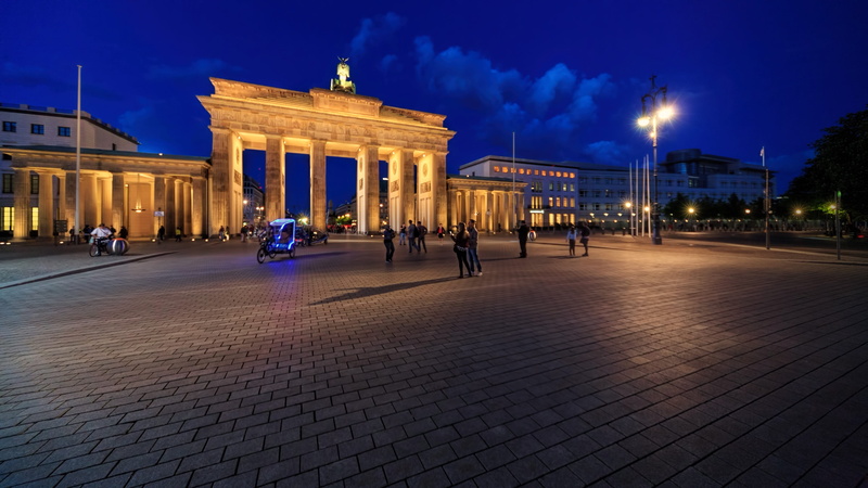 berlin, building exterior, people, city, tourism, outdoors, city gate, neo-classical, travel, lamps, history, urban, light, blue hour, architecture, dusk