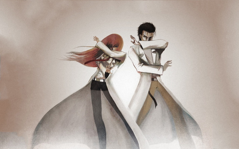 gray, three quarter length, studio shot, white color, 1080P, indoors, anime okabe rintarou makise kurisu lab coats anime girls anime boys steinsgate, adult