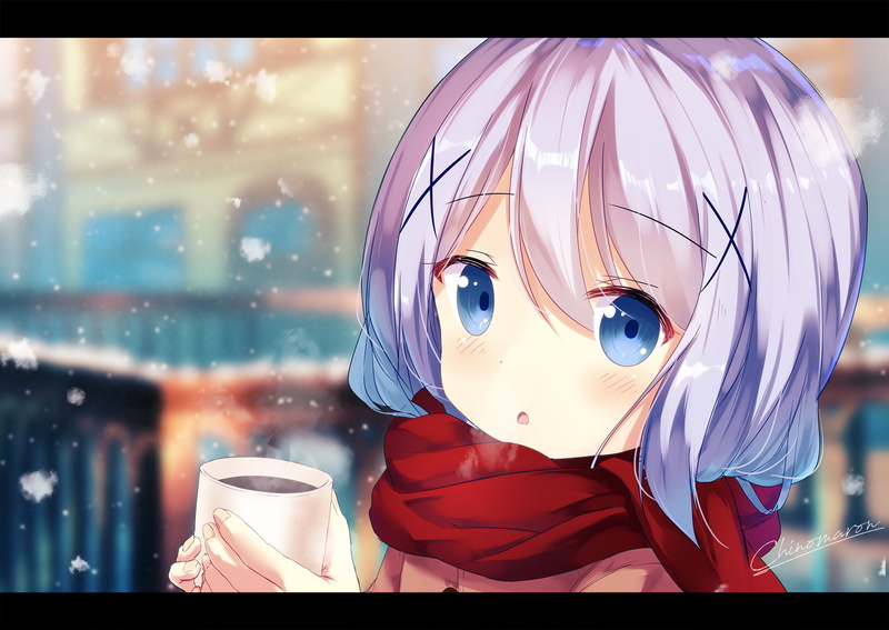 drink, chino, eyes, gochuumon, chinomaron, 1080P, usagi, konachan, loli, desu, winter, 253646, signed, kafuu, com, close, scarf, blue, snow