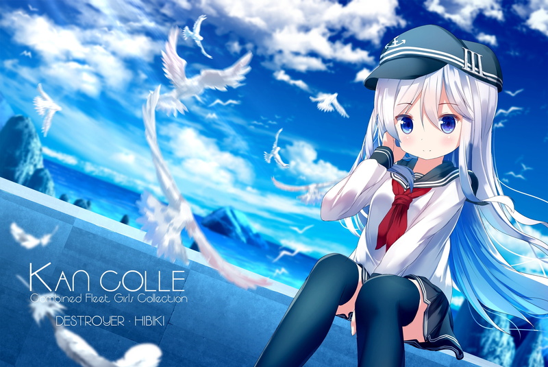 236972, thighhighs, landscape, animal, blush, hair, hat, anthropomorphism, gray, clouds, blue, long, konachan, sky, seifuku, eyes, com, skirt, water, bird