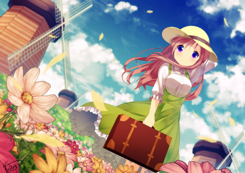 238010, hat, hair, long, petals, sky, purple, konachan, dress, chinomaron, windmill, hoto, usagi, mocha, blush, desu, 1080P, eyes, signed, gochuumon, com