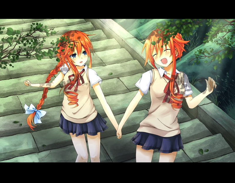 Yamai Kaguya, Twins, Skirt, schoolgirls, 2K, Yamai Yuzuru, School Uniform, Braids, Date A Live, Orange Hair